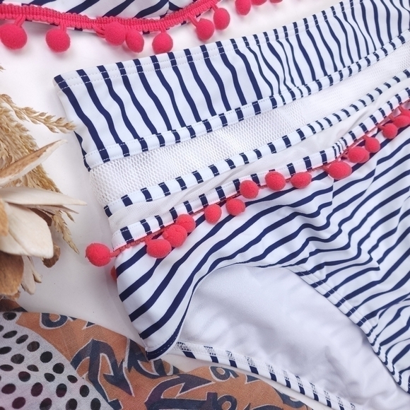 New Coco Ship Pink Tassled Blue White Striped 2pc Swimsuit sz 10 - Picture 6 of 8